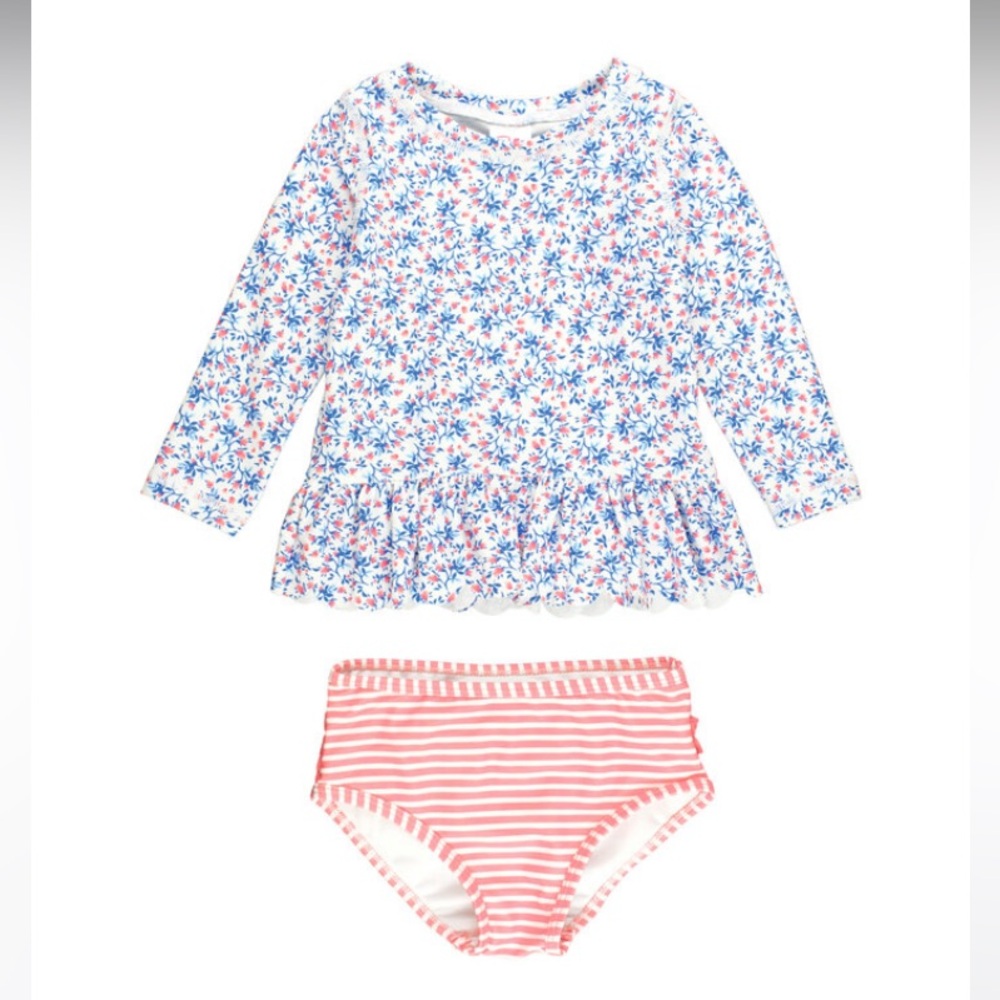Ruffle Butts Cottage Tea Time Scalloped Blue Floral Swim Set